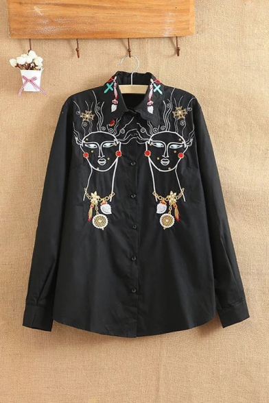 Funny Embroidery Tribal Stylish Single Breasted Lapel Long Sleeve Shirt