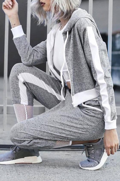 Hooded Zip Placket Long Sleeve Casual Top Striped Side Gauze Patched Pants Sports Co-ords
