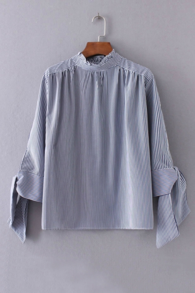 New Stylish Single Breasted in Back Stand-Up Collar Tied Long Sleeve Striped Plain Shirt