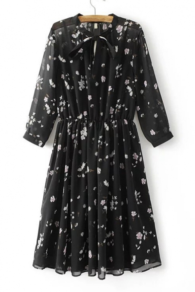 New Stylish Tied Neck Long Sleeve Floral Printed Midi Pleated Dress with One Cami Tank inside