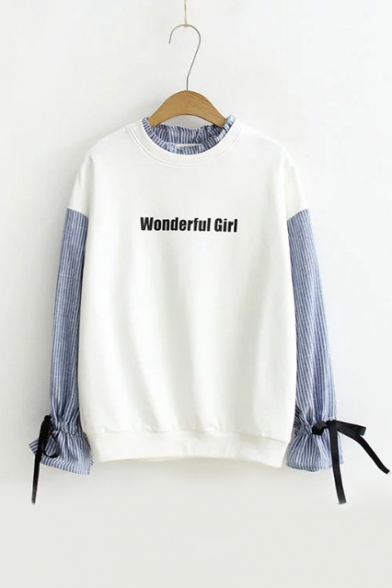 Sweet Letter Embroidered Fake Two-Piece Round Neck Long Sleeve Ribbons Cuff Sweatshirt