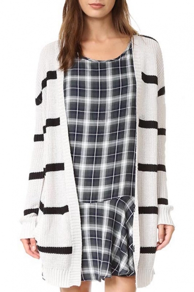 Women's Basic Striped Print Long Sleeve Collarless Open Front Knit Cardigan
