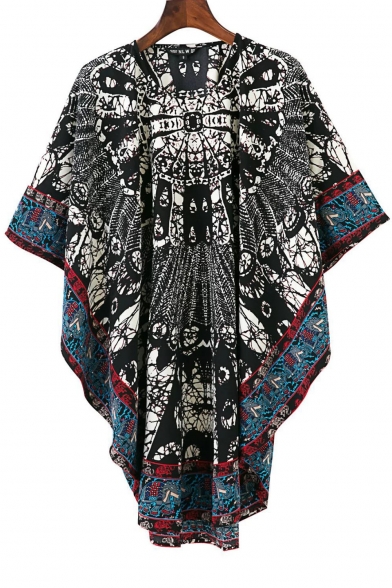 Women's New Fashion Round Neck Tribal Print Casual Mini Cape Dress