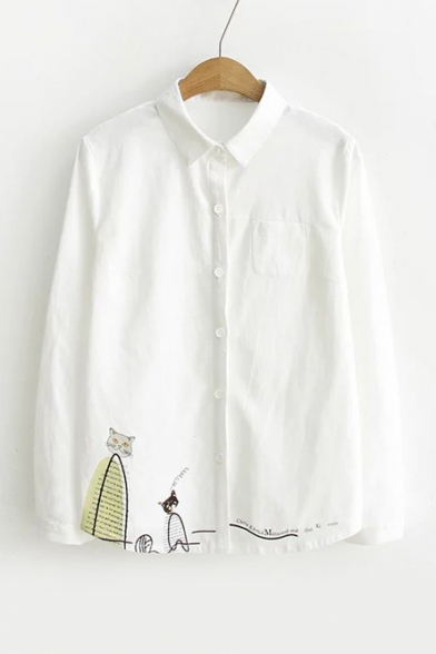 Cute Cartoon Printed Lapel Single Breasted Long Sleeve Button Down Shirt