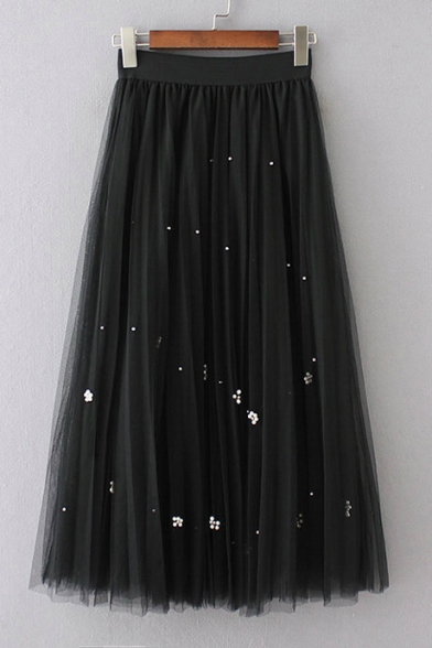 Elastic Waist Handwork Pearl Studded Gauze Puff Midi Skirt