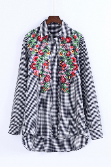 Embroidery Floral Pattern Lapel Single Breasted High Low Hem Plaid Color Block Tunic Shirt