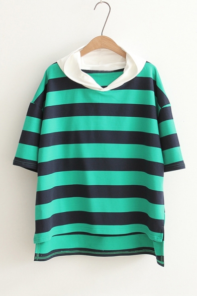 Fashion Contrast hooded Striped Color Block Half Sleeve Hoodie Sweatshirt