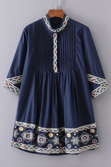 New Stylish Pleated Front 3/4 Length Sleeve Stand-Up Collar Tribal Embroidery Mini A-Line Dress