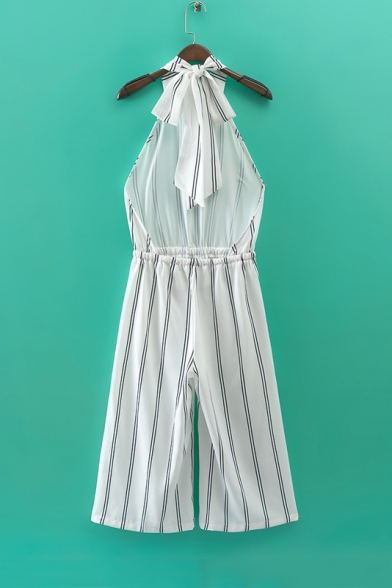 Sexy Open Back Halter Sleeveless Striped Color Block Wide Leg Jumpsuits