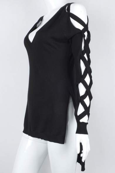Sexy Plunge V-Neck Cutout Crisscross Long Sleeve High Low Hem Plain Sweater