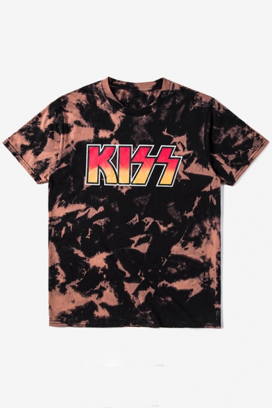 Unisex KISS Letter Printed Color Block Short Sleeve Round Neck Tee