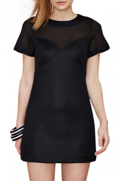 Women's Round Neck Short Sleeve Basic Black A-Line Mini Dress
