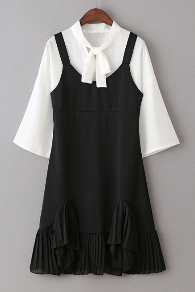 Bow Tie Collar Flare Sleeve Blouse Plain Black A-Line Mini Overall Dress Co-ords