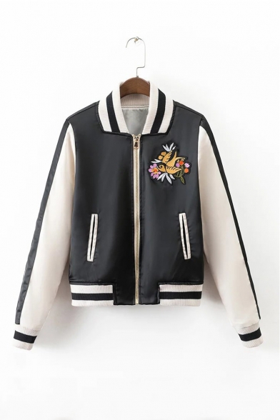 Embroidery Bird Floral Pattern Stand-Up Collar Zipper Placket Color Block Bomber Jacket
