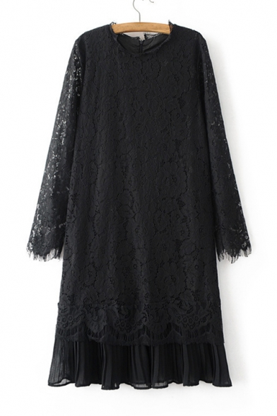Fashion Lace Patchwork Long Sleeve Round Neck Zip-Back Plain Midi Dress