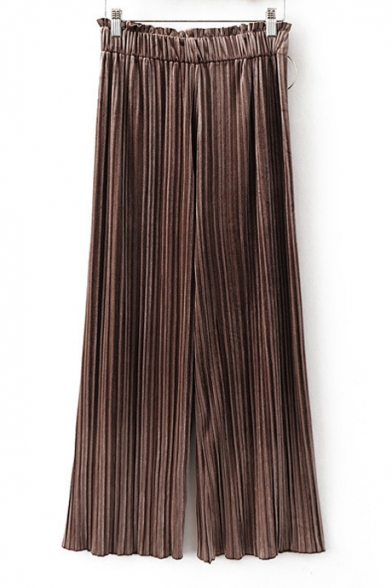 Mid Elastic Waist Pleated Plain Wide Leg Pants Embellished with A Ring