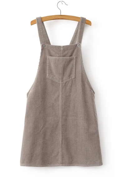 New Arrival Plain Vertical Striped Corduroy Overall Mini Dress with One Pocket