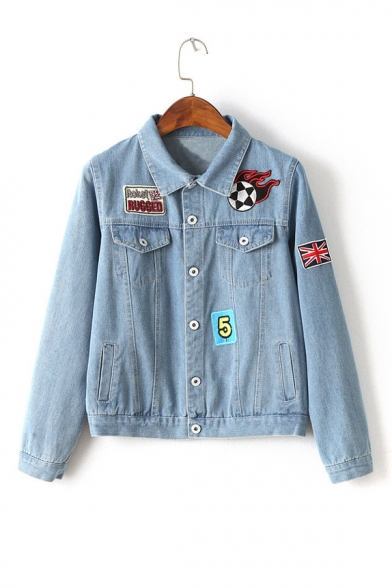 New Fashion Lapel Collar Long Sleeve Letter Embroidered Patched Single Breasted Denim Jacket