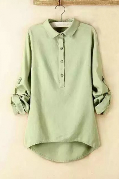 Simple High Low Trim Long Sleeve Lapel Plain Tunic Button Down Shirt