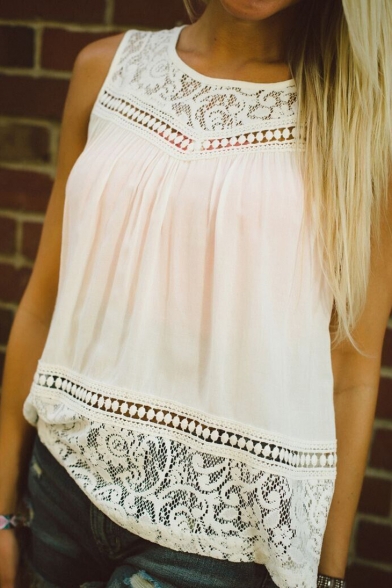 Summer's Lace Patched Crochet Round Neck Short Sleeve Hollow Out Back Tank Top