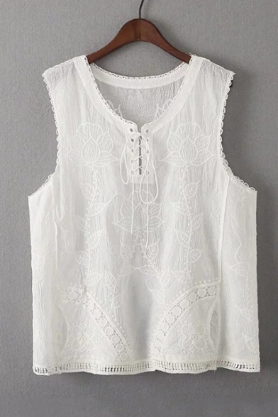 Women's Drawstring Front Sleeveless Lace Patchwork Embroidery Floral Plain Tee