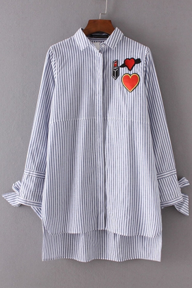 Women's High Low Hem Striped Appliqued Pattern Single Breasted Shirt with Bows