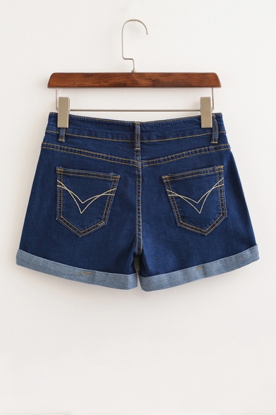 Women's Single Breasted Mid Waist Rolled Up Cuffs Basic Denim Shorts