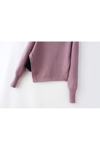 Asymmetric Hem V-Neck Long Sleeve Plain Pullover Sweater