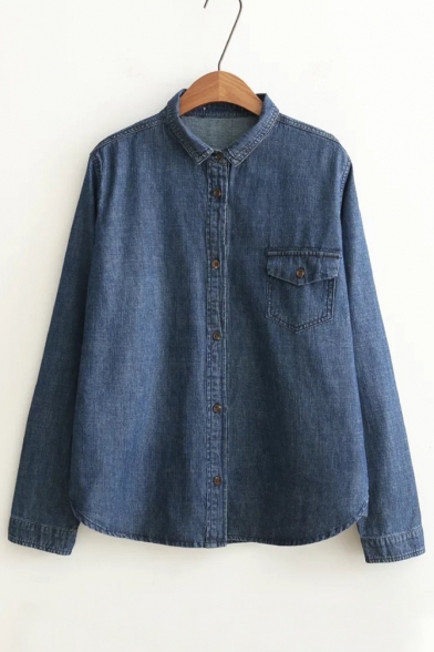 Basic Lapel Collar Long Sleeve Buttons Down Denim Shirt with One Pocket