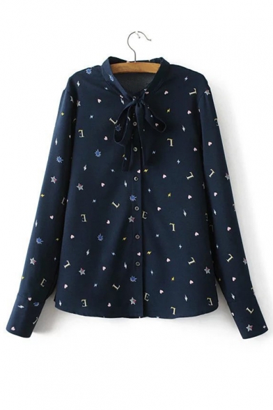 Bow Tie Collar Long Sleeve Star Letter Printed Buttons Down Shirt