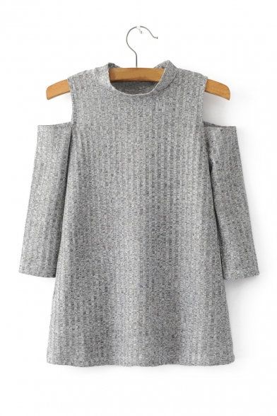 Cold Shoulder Half High Neck 3/4 Length Sleeve Plain Sweater