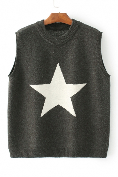 Contrast Pentacle Crochet Sleeveless Round Neck Knitted Sweater