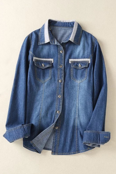 Lapel Single Breasted Long Sleeve Denim Shirt with Two Pockets