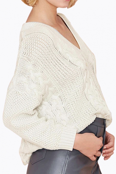 Loose V-Neck Dropped Long Sleeve Plain Knitted Sweater