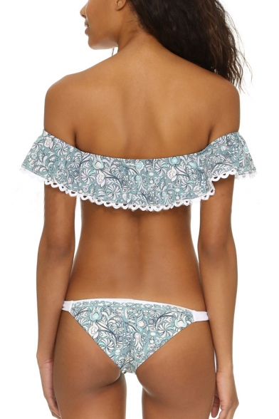 Lovely Floral Trim Ruffle Off the Shoulder Printed Top String Side Bottom Bikini