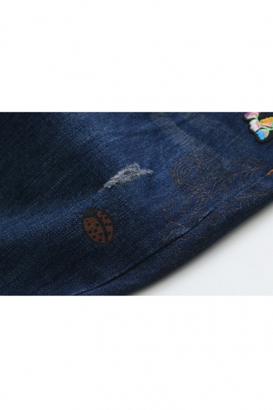 New Arrival Insect Floral Embroidery Zip Fly Raw Edge Denim Pants