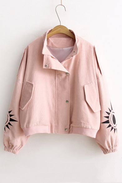 New Fashion Eyes Embroidery Cuff Zip Placket Stand-Up Collar Corduroy Coat with Pockets