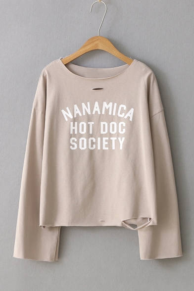 Simple Letter Printed Cutout Round Neck Long Sleeve T-Shirt