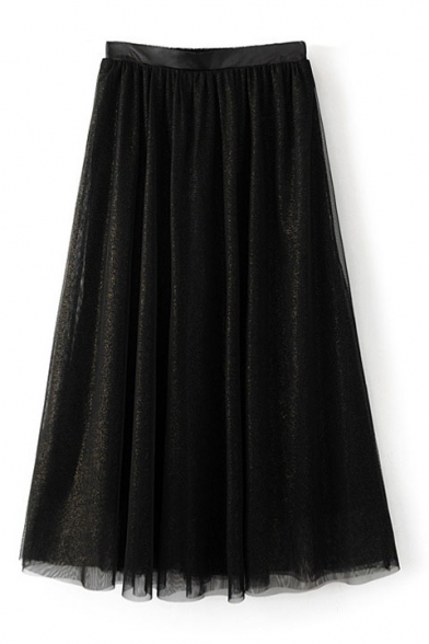 Women's New Fashion Elastic Waist Metal Mesh Pleated Maxi Skirt