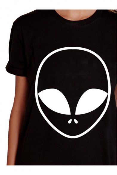 Cartoon Alien Printed Round Neck Short Sleeve Color Block Tee
