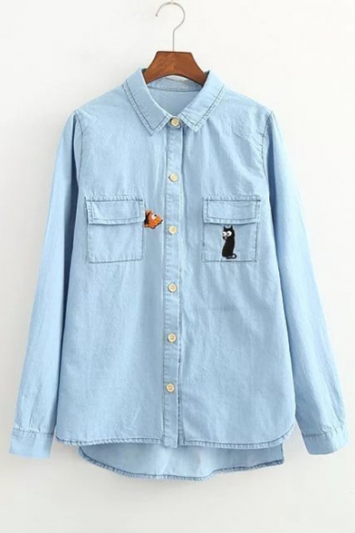 Embroidery Cat and Fish Pattern Single Breasted Lapel High Low Trim Tunic Denim Shirt