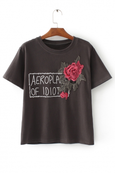 Embroidery Floral Letter Pattern Short Sleeve Round Neck Tee