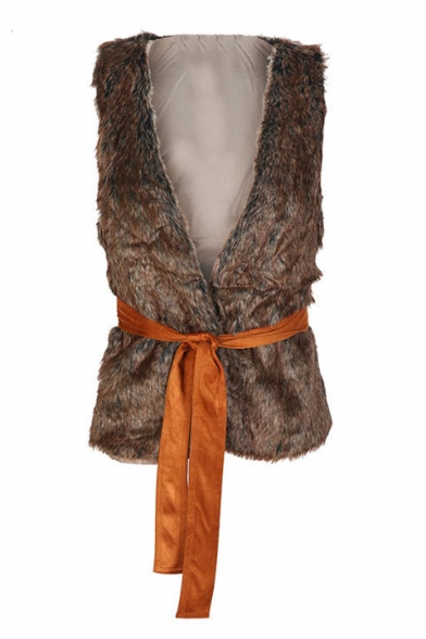 Fashion Belt Waist Sleeveless Plunge V-Neck Wrap Front Faux Fur Vest