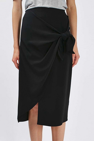 Fashion Bow Front Plain Zip-Back Asymmetric Skirt