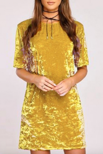 Fashion Half Sleeve Round Neck Plain Velvet Mini T-shirt Velvet Dress