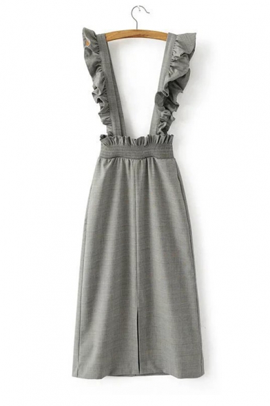 Floral Trim Plaid Print Split Front Zip Back Basic Overall A-Line Skirt