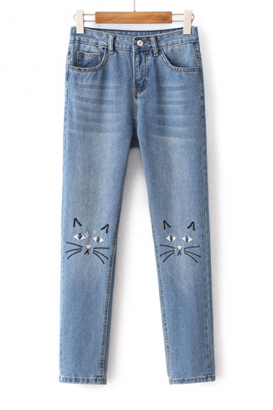 High Waist Cat Face Embroidery Wash Blue Skinny Denim Pants