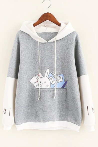Lovely Cartoon Rabbit Print Color Block Long Sleeve Outerwear Hoodie
