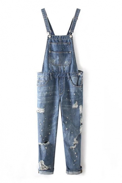 New Arrival Sleeveless Straps Cutout Ripped Denim Overalls