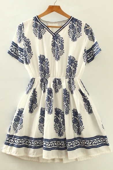 Printed Color Block V-Neck Short Sleeve Mini A-Line Summer Dress